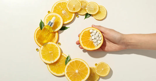 Sérum à la vitamine C pour le visage entouré de tranches d'orange et de citrons, avec une main tenant un agrume rempli de compléments alimentaires, en forme de lettre C