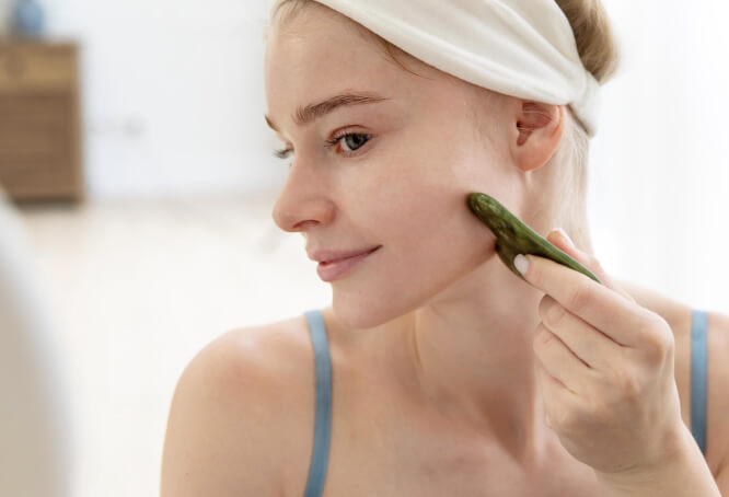 Femme utilisant un outil en pierre de gua sha vert pour masser sa joue, portant un bandeau blanc et une tenue décontractée, dans un environnement lumineux et apaisant.