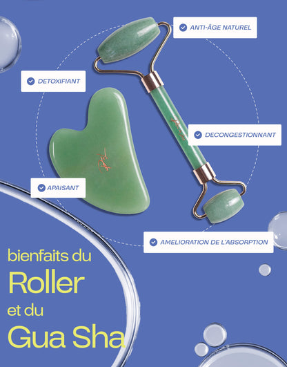 Bienfaits du roller et du gua sha en aventurine : détoxifiant, anti-âge naturel, décongestionnant, apaisant, amélioration de l'absorption.