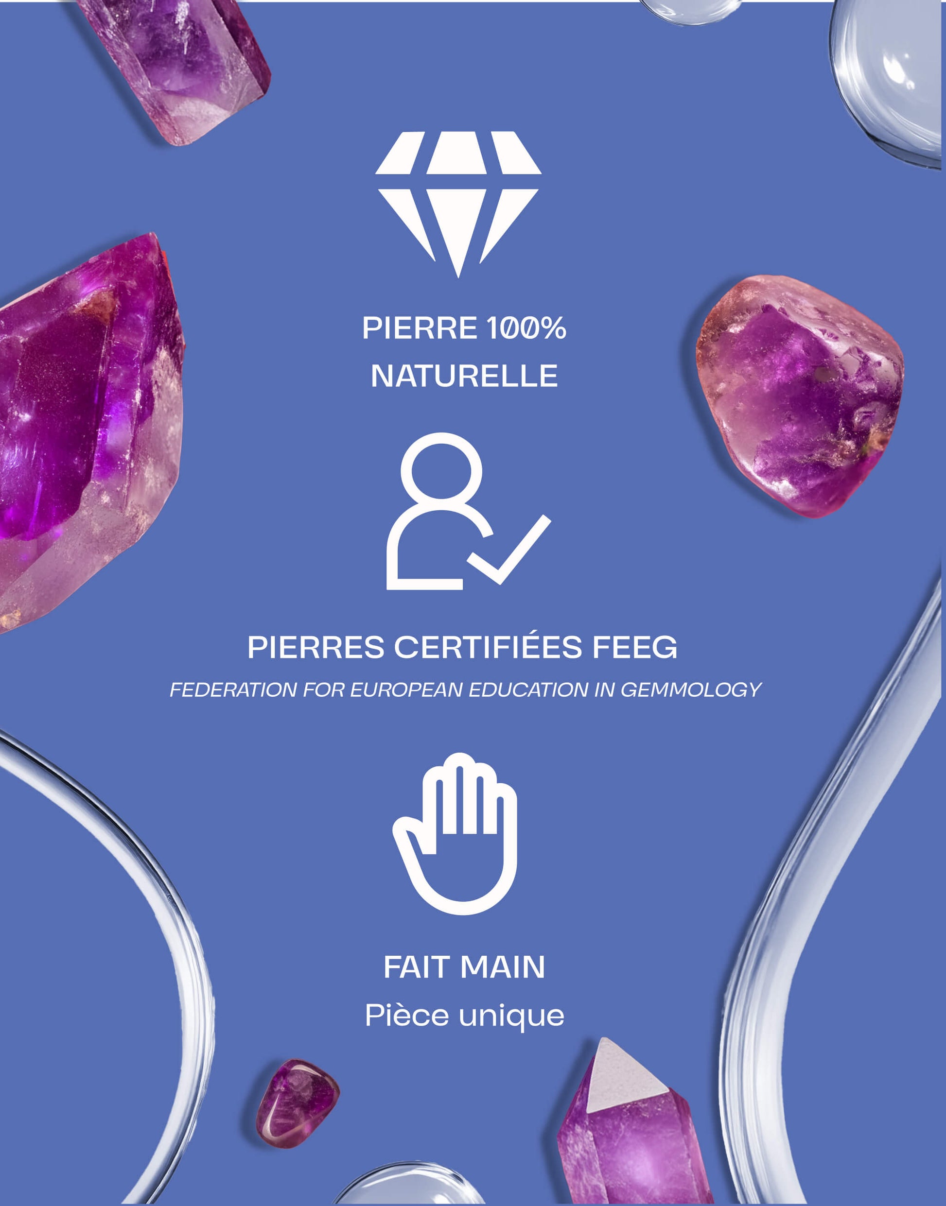 Pierre d'améthyste 100% naturelle, certifiée FEEG et fabriquée à la main, pièce unique sur fond bleu.
