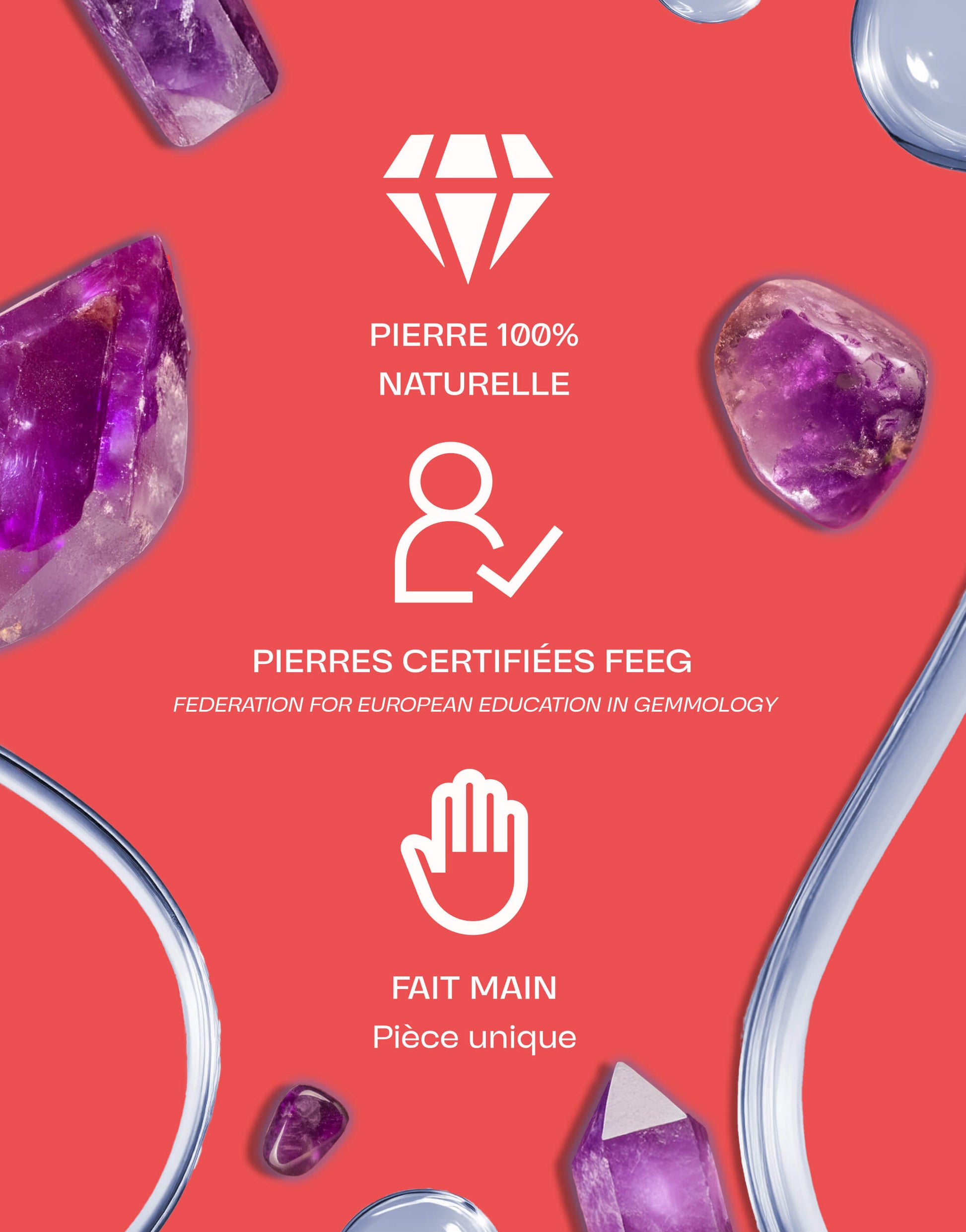 Image présentant des pierres d'améthyste naturelles certifiées par la FEEG, fait main, sur un fond rouge avec des éléments graphiques blancs