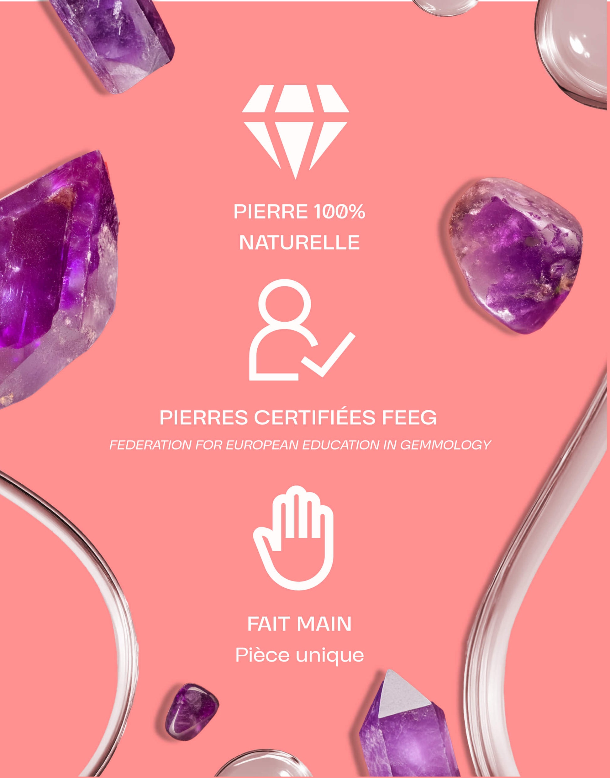 Image présentant des pierres d'améthyste naturelles certifiées par la FEEG, fait main, sur un fond rose avec des éléments graphiques blancs