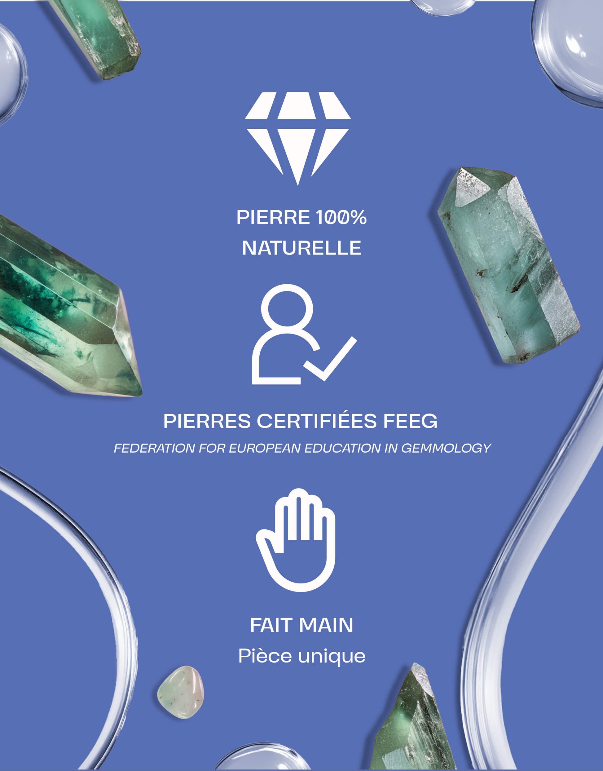 Pierre d'aventurine 100% naturelle, certifiée FEEG et fabriquée à la main, pièce unique sur fond bleu.