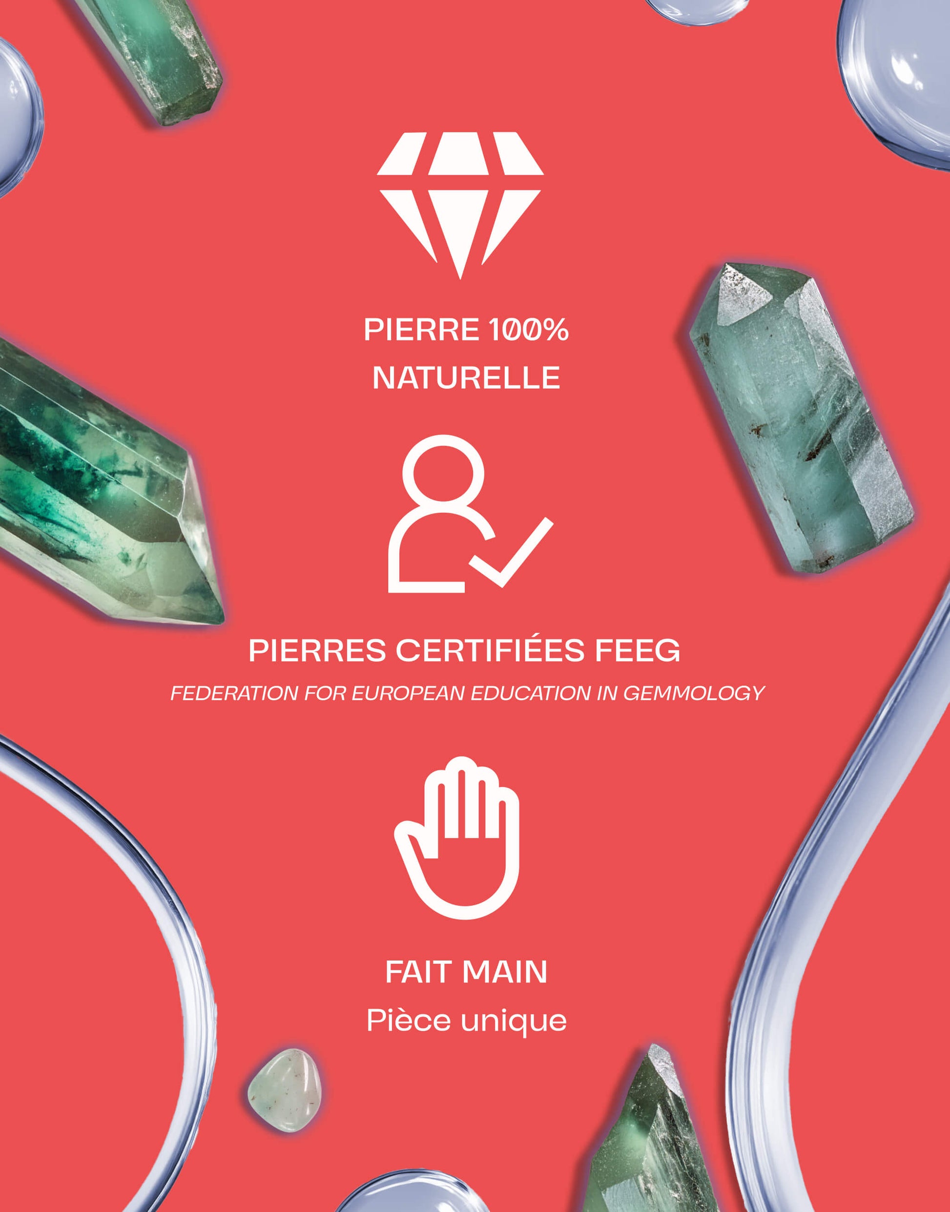 Pierre d'aventurine 100% naturelle, certifiée FEEG et fabriquée à la main, présentée sur un fond rouge vif.
