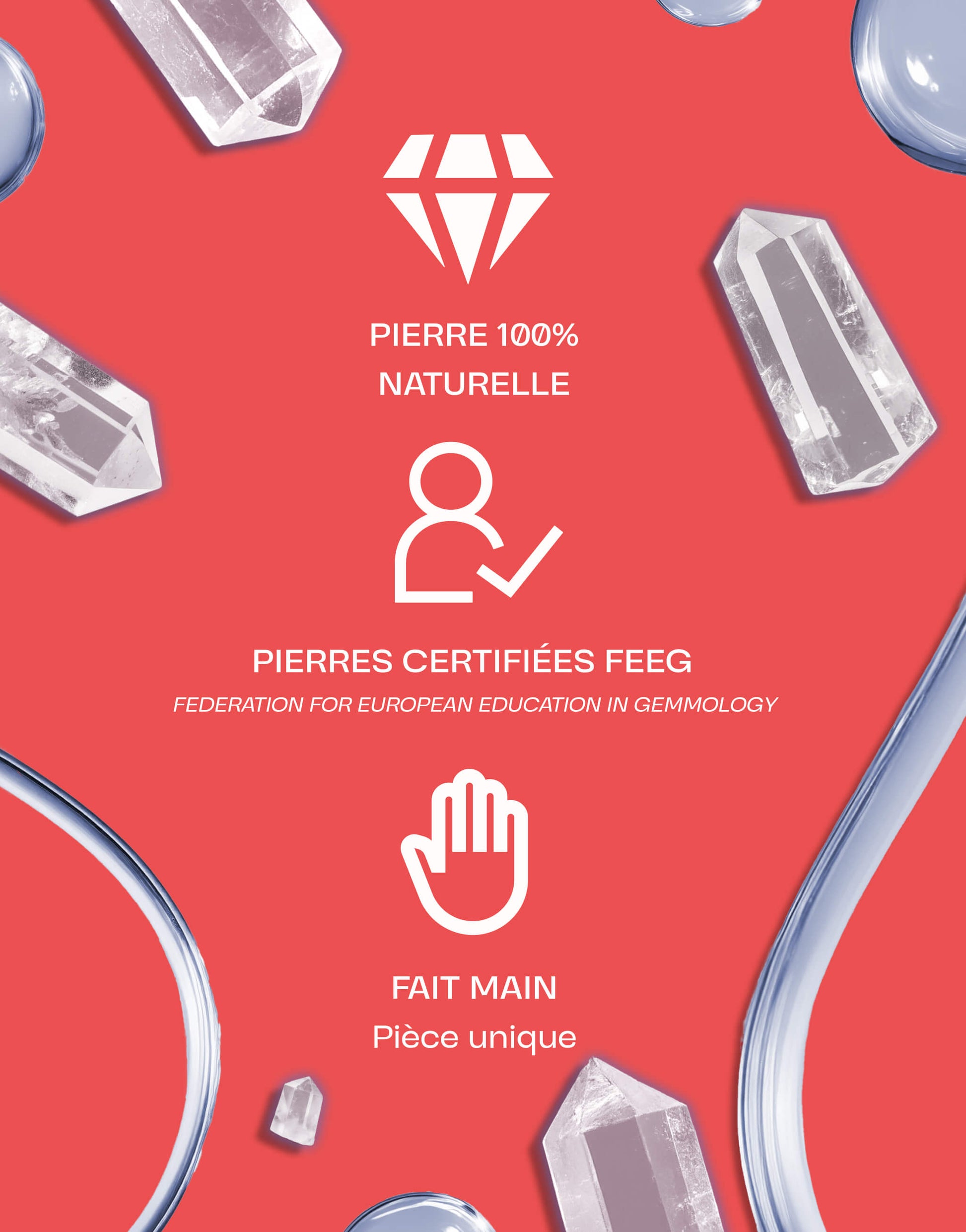 Image présentant des pierres de cristal de roche naturelles certifiées par la FEEG, fait main, sur un fond rouge avec des éléments graphiques blancs