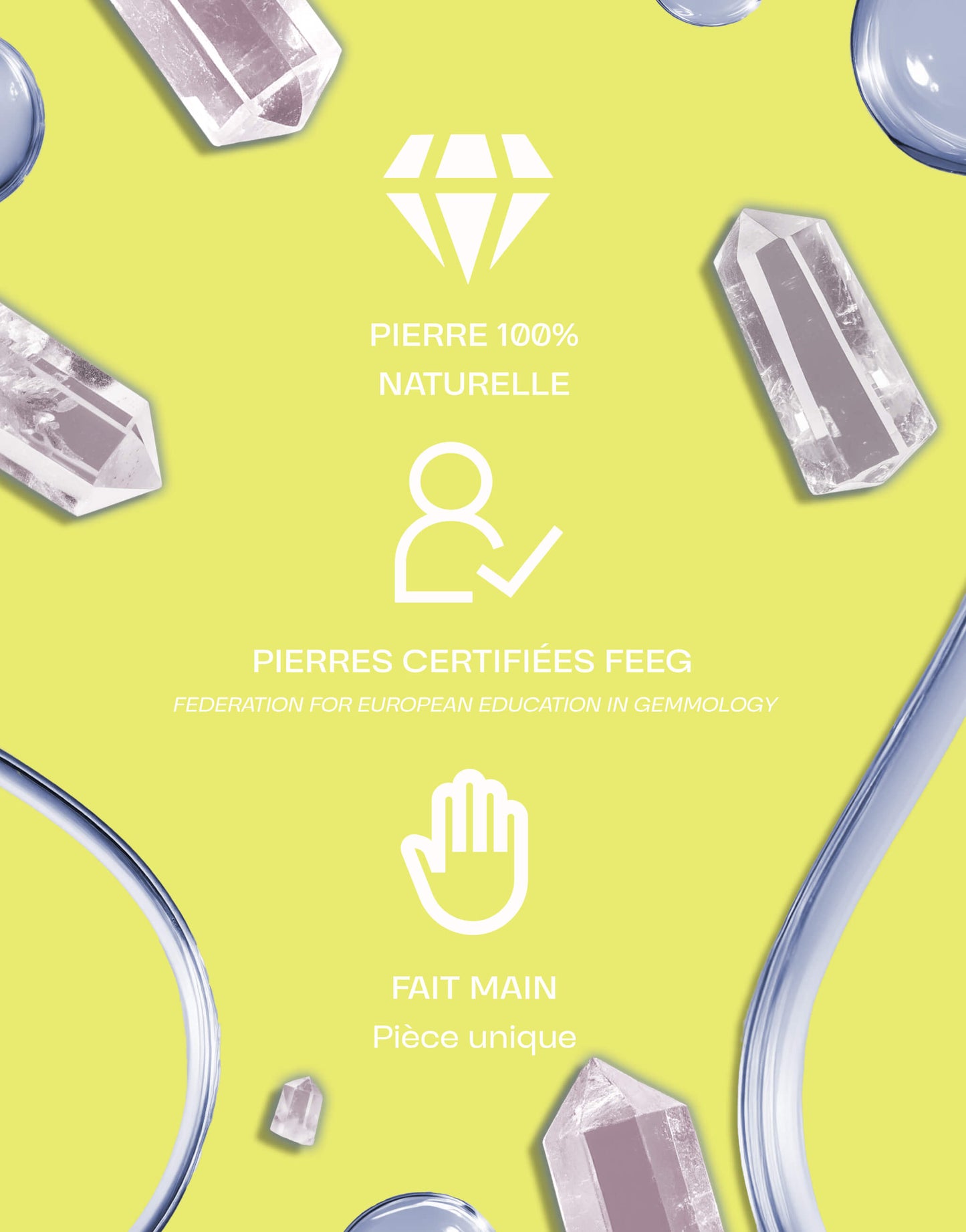 Image présentant des pierres de cristal de roche naturelles certifiées par la FEEG, fait main, sur un fond jaune avec des éléments graphiques blancs