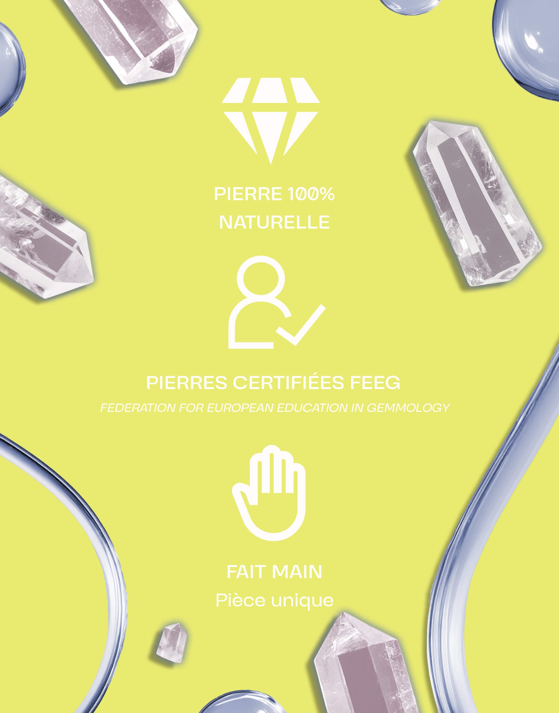 Image présentant des pierres de cristal de roche naturelles certifiées par la FEEG, fait main, sur un fond jaune avec des éléments graphiques blancs