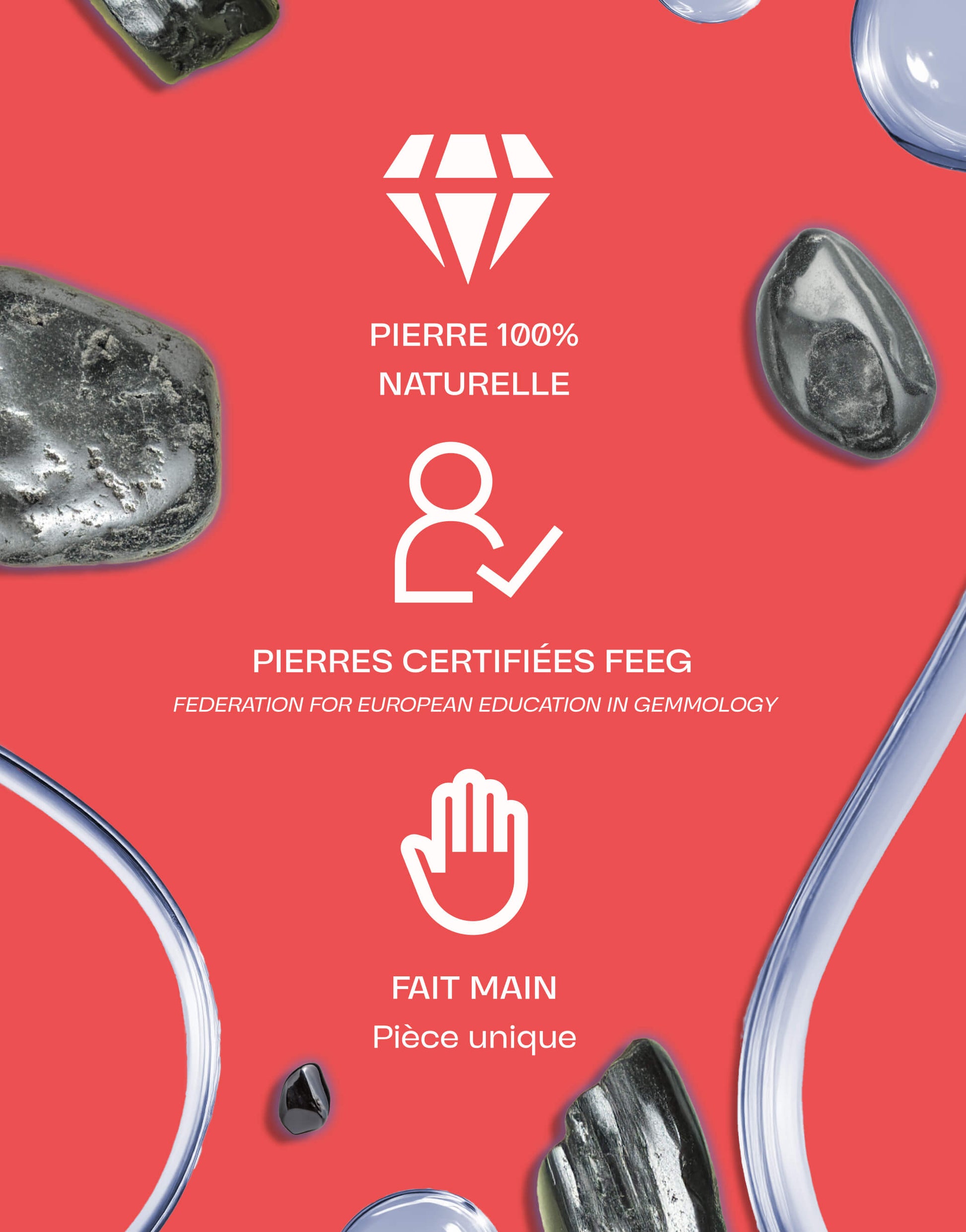 Image présentant des pierres d'obsidienne noire naturelles certifiées par la FEEG, fait main, sur un fond rouge avec des éléments graphiques blancs
