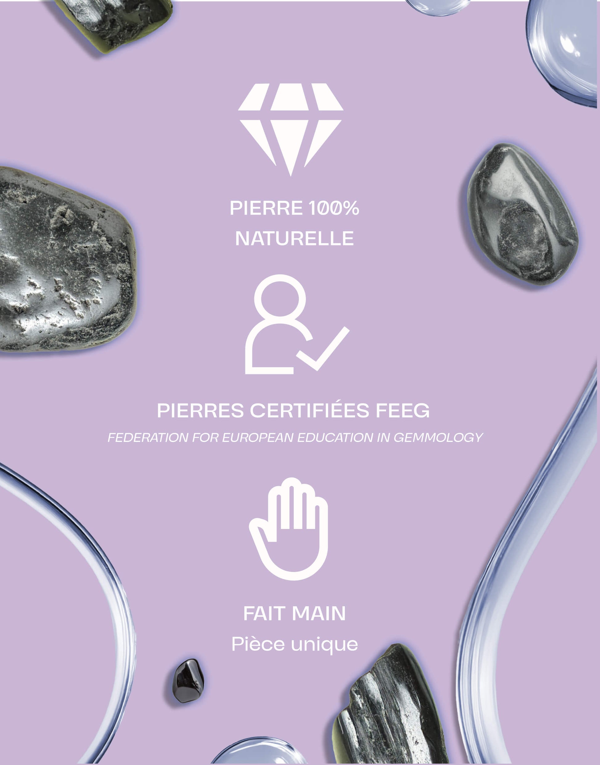 Image présentant des pierres d'obsidienne noire naturelles certifiées par la FEEG, fait main, sur un fond violet avec des éléments graphiques blancs