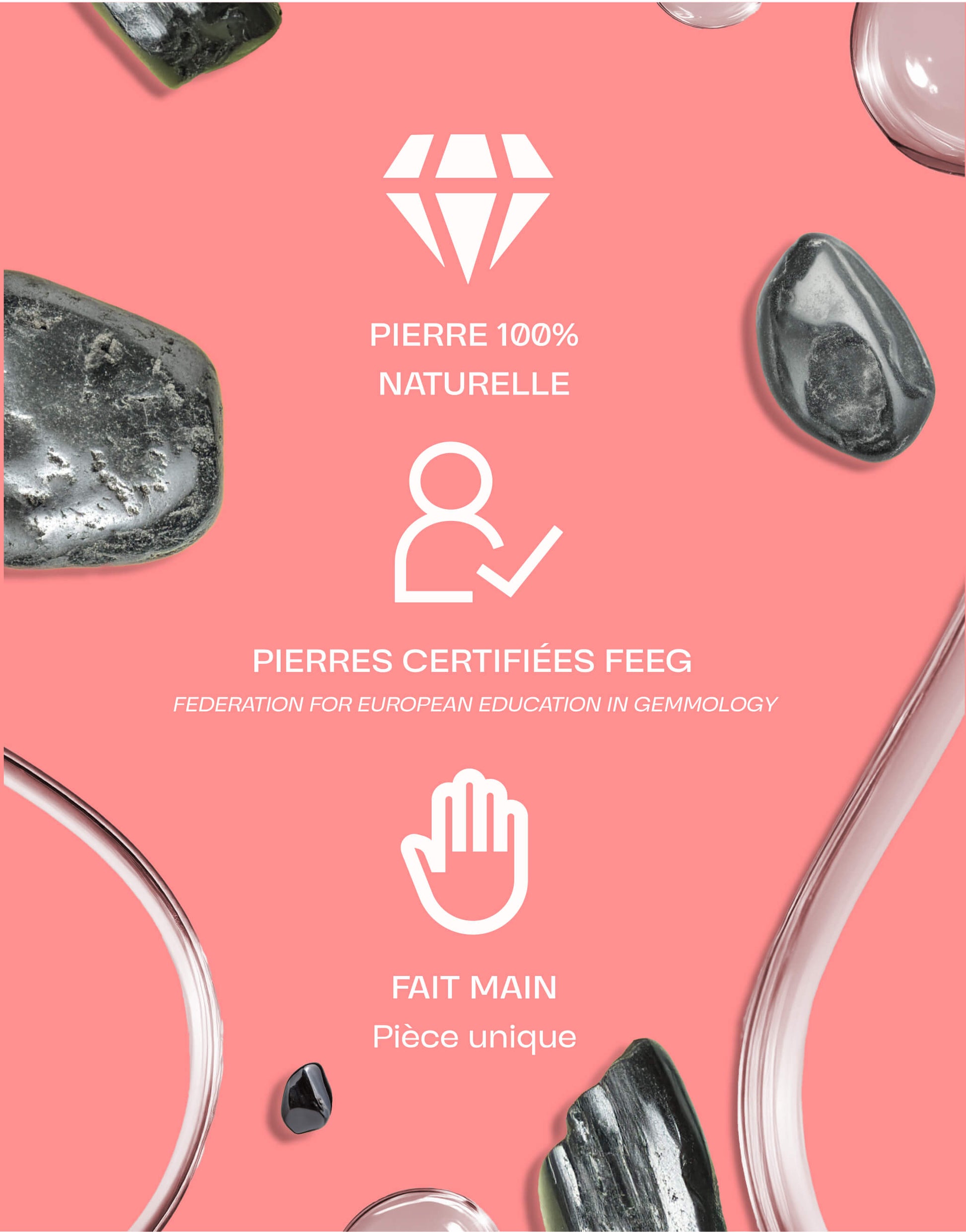 Image présentant des pierres d'obsidienne noire naturelles certifiées par la FEEG, fait main, sur un fond rose avec des éléments graphiques blancs