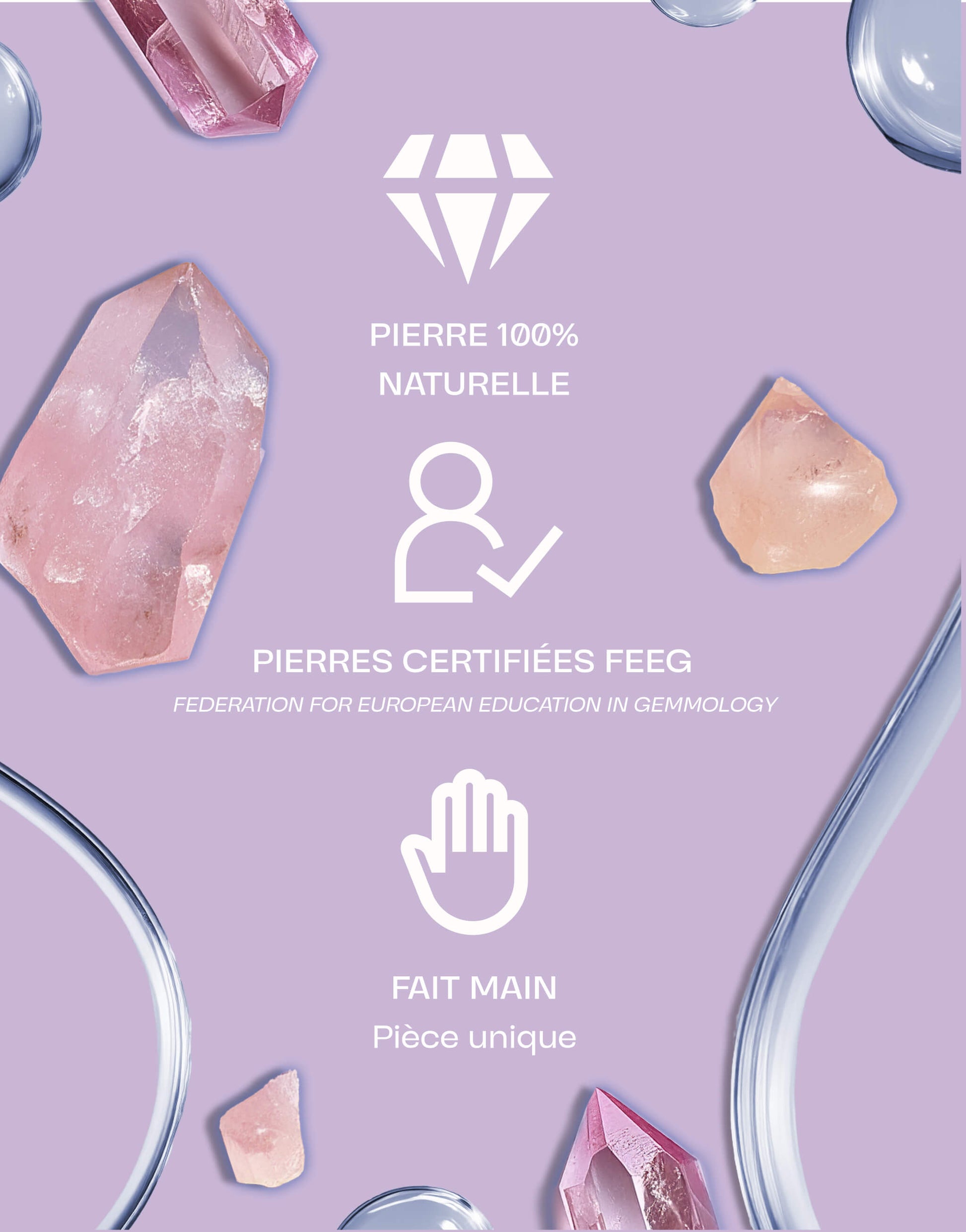 Image présentant des pierres de quartz rose naturelles certifiées par la FEEG, fait main, sur un fond violet avec des éléments graphiques roses