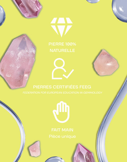 Image présentant des pierres de quartz rose naturelles certifiées par la FEEG, fait main, sur un fond jaune avec des éléments graphiques roses