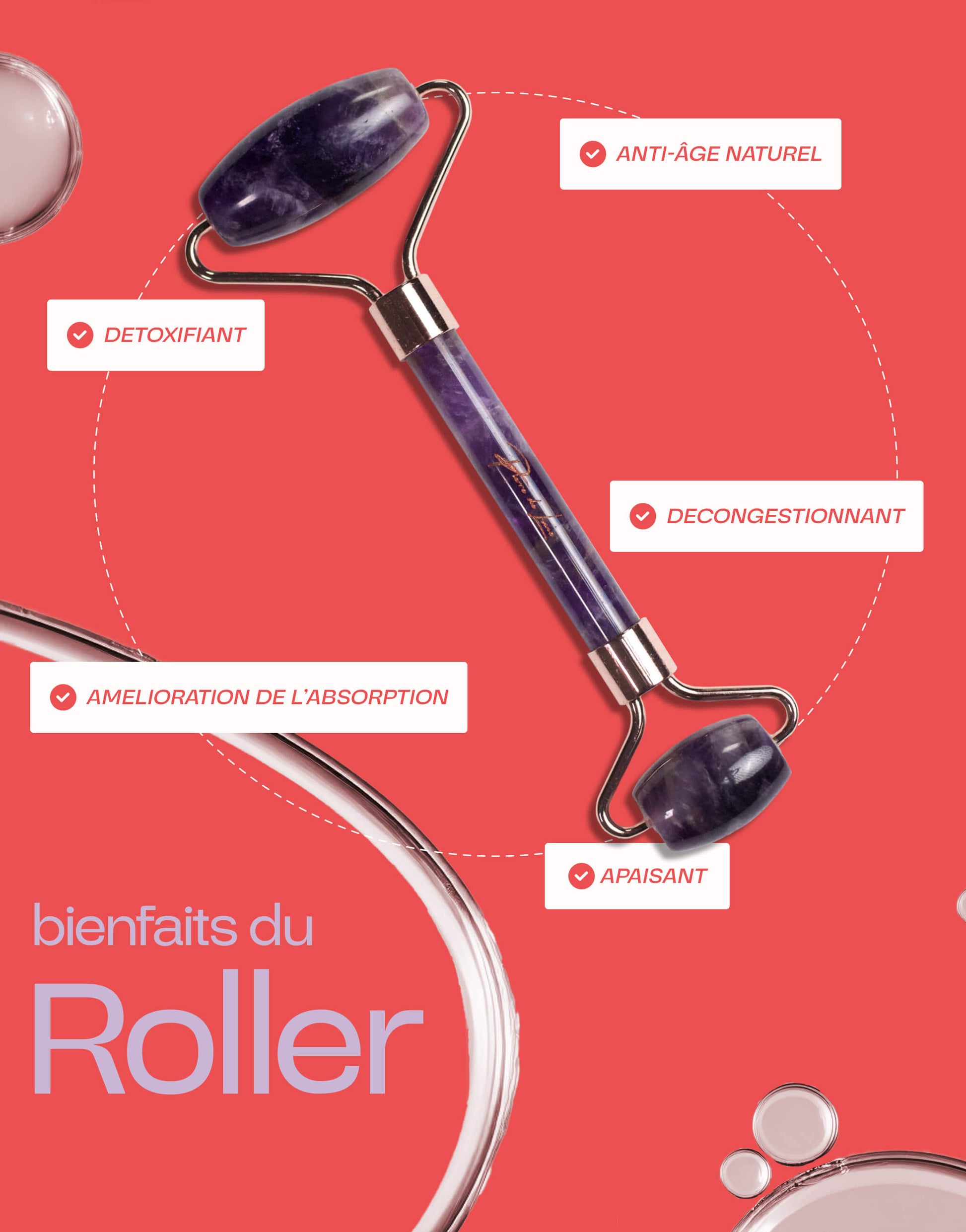 Image présentant un roller en améthyste avec ses bienfaits : anti-âge naturel, détoxifiant, décongestionnant, apaisant et amélioration de l'absorption, sur un fond rouge avec des éléments graphiques