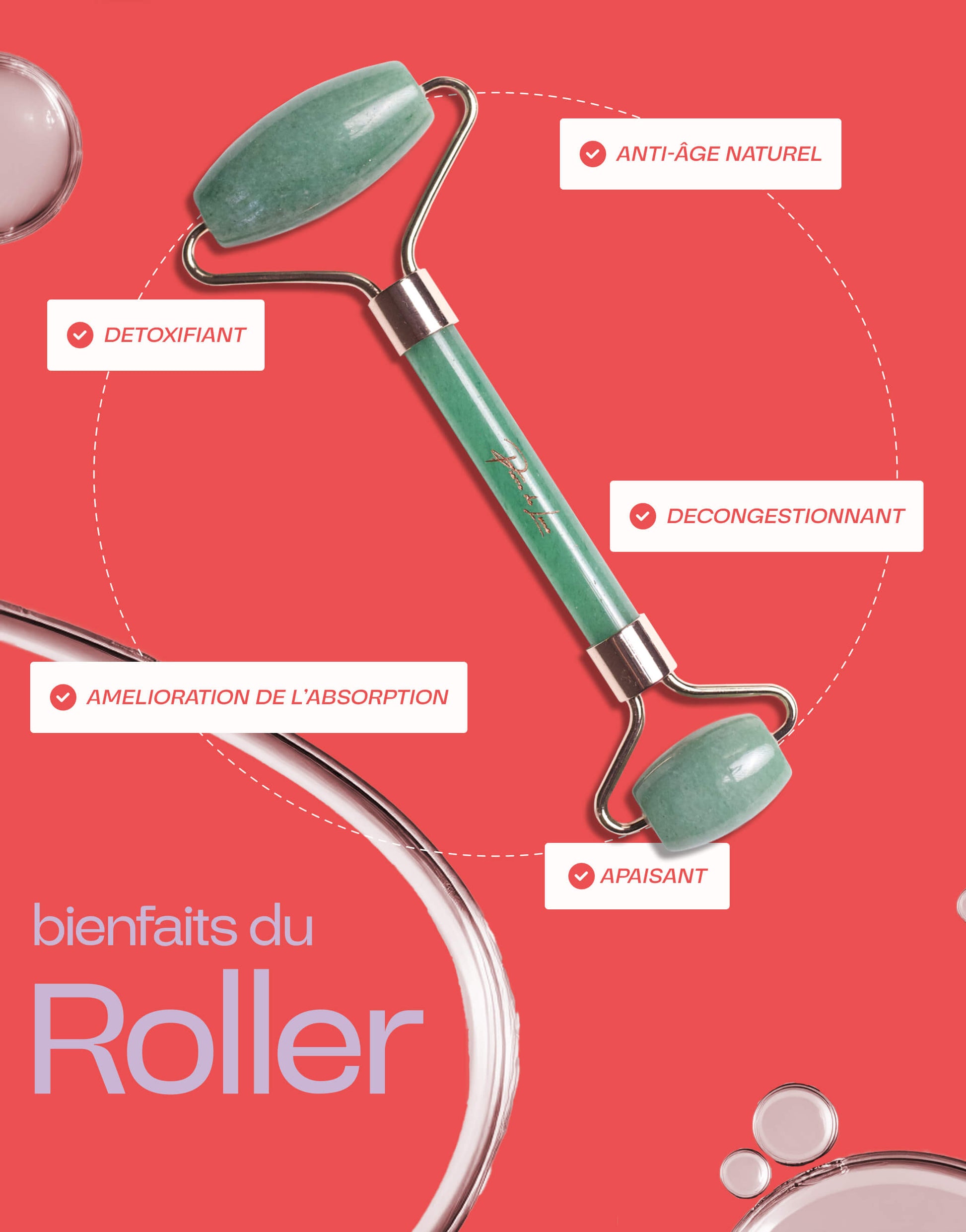 Image présentant un roller en aventurine avec ses bienfaits : anti-âge naturel, détoxifiant, décongestionnant, apaisant et amélioration de l'absorption, sur un fond rouge avec des éléments graphiques