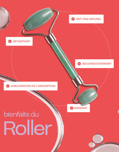 Image présentant un roller en aventurine avec ses bienfaits : anti-âge naturel, détoxifiant, décongestionnant, apaisant et amélioration de l'absorption, sur un fond rouge avec des éléments graphiques