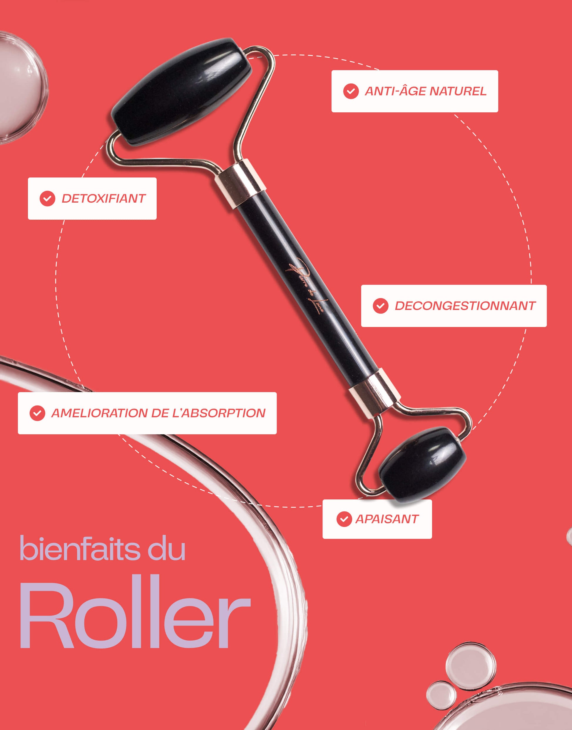 Image présentant un roller en obsidienne noire avec ses bienfaits : anti-âge naturel, détoxifiant, décongestionnant, apaisant et amélioration de l'absorption, sur un fond rouge avec des éléments graphiques