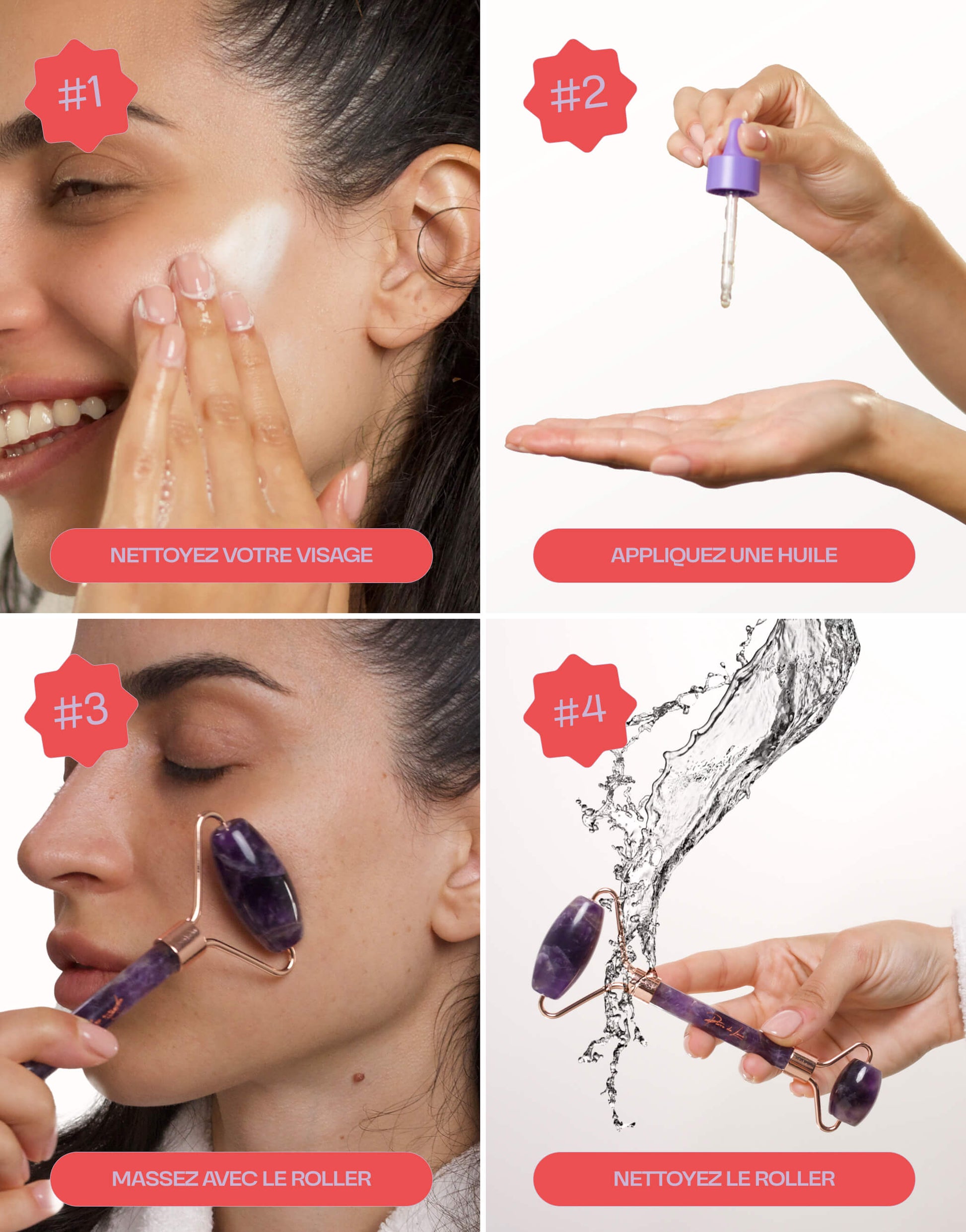 Image illustrant une routine de soin visage en quatre étapes avec un roller en améthyste : nettoyer le visage, appliquer une huile, masser avec le roller, et nettoyer le roller sous l'eau