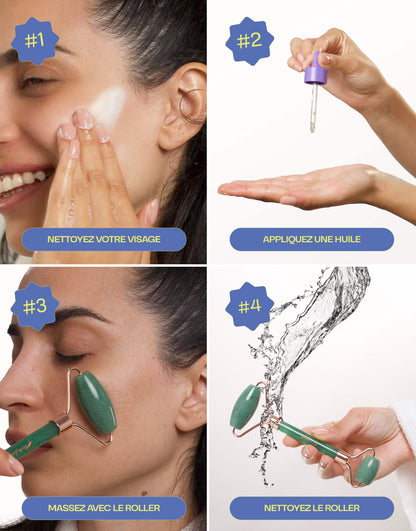 Tutoriel d'utilisation d'un roller en aventurine naturelle : nettoyer le visage, appliquer une huile, masser avec le roller, et nettoyer le roller.