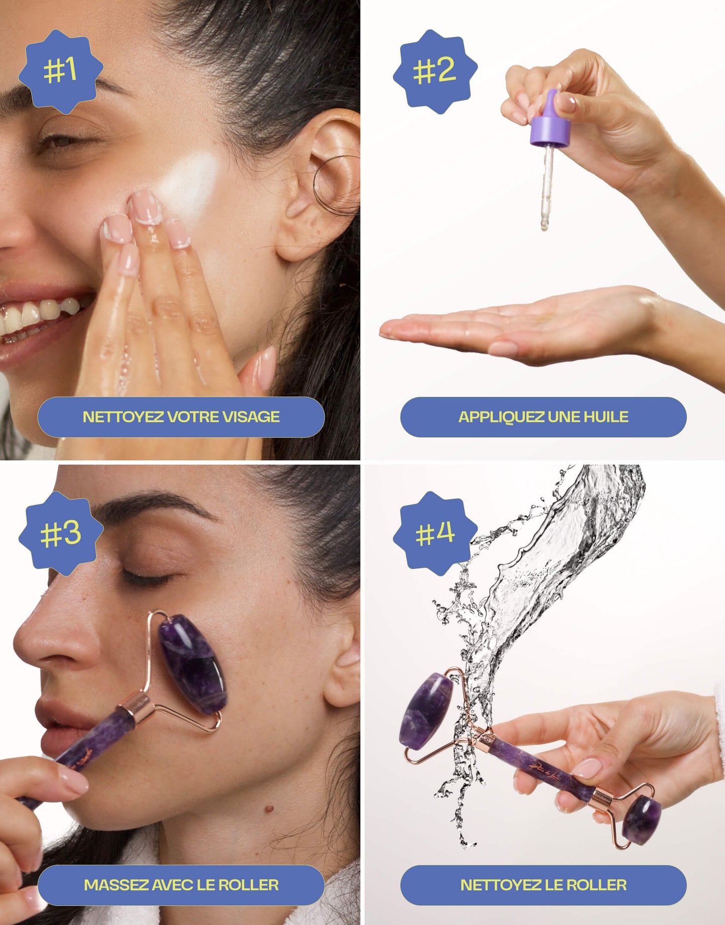 Tutoriel d'utilisation d'un roller en améthyste naturelle : nettoyer le visage, appliquer une huile, masser avec le roller, et nettoyer le roller.