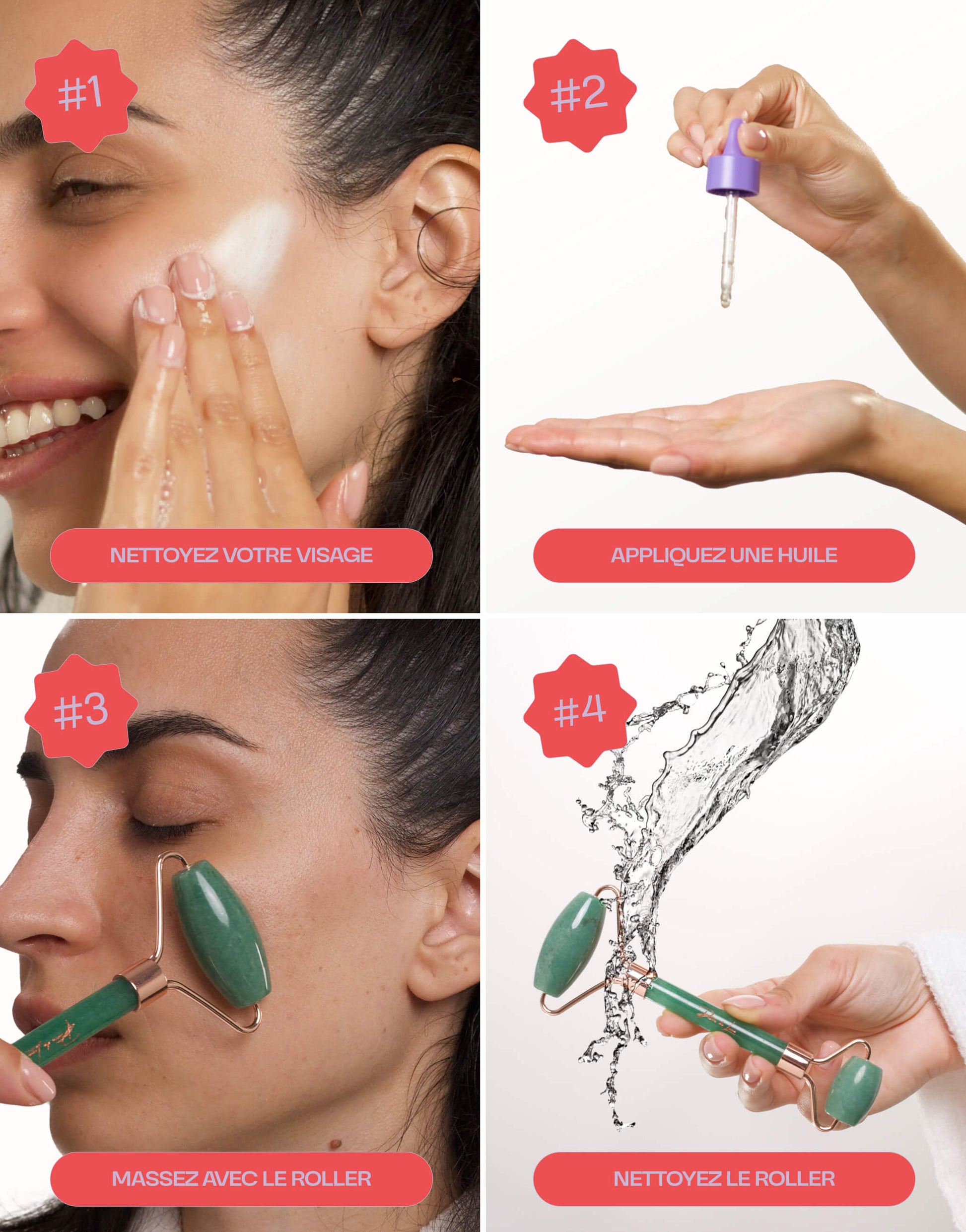 Tutoriel d'utilisation d'un roller en aventurine : nettoyer le visage, appliquer une huile, masser avec le roller et nettoyer le roller.