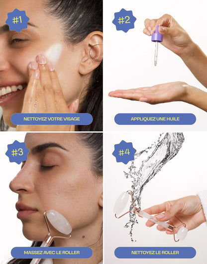 Tutoriel d'utilisation d'un roller en cristal de roche naturel : nettoyer le visage, appliquer une huile, masser avec le roller, et nettoyer le roller.