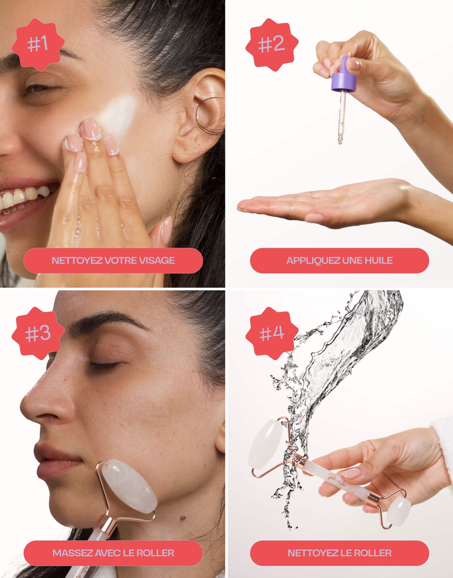 Tutoriel d'utilisation d'un roller en cristal de roche : nettoyer le visage, appliquer une huile, masser avec le roller et nettoyer le roller.