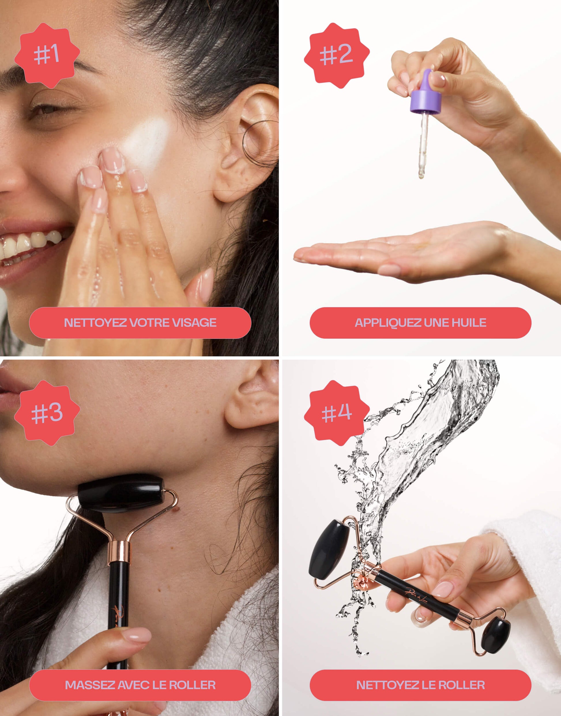 Tutoriel d'utilisation d'un roller en obsidienne noire : nettoyer le visage, appliquer une huile, masser avec le roller et nettoyer le roller.
