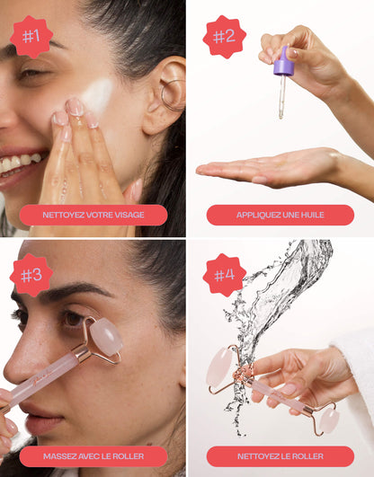 Tutoriel d'utilisation d'un roller en quartz rose : nettoyer le visage, appliquer une huile, masser avec le roller et nettoyer le roller.